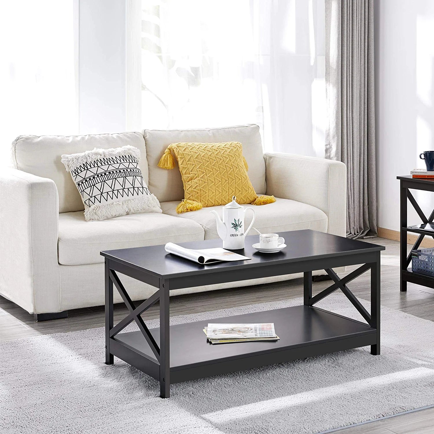 Wood 2-Tier Black Coffee Table with Storage Shelf for Living Room, X Design Accent Cocktail Table, Easy Assembly Home Furniture, 39.5 X 21.5 X 18 Inches