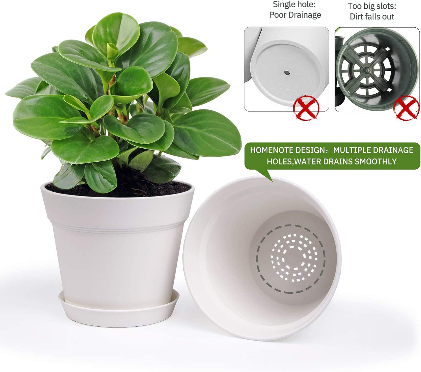 Pots for Plants, 15 Pack 6 Inch Plastic Planters with Multiple Drainage Holes and Trays - Plant Pots for All Home Garden Flowers Succulents (White)