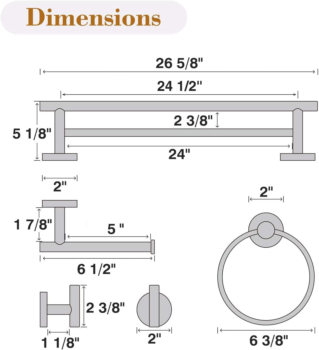 5 Piece Brushed Nickel Bathroom Hardware Set, Includes 24 Inch Double Towel Bar, Modern Bathroom Accessories Kit