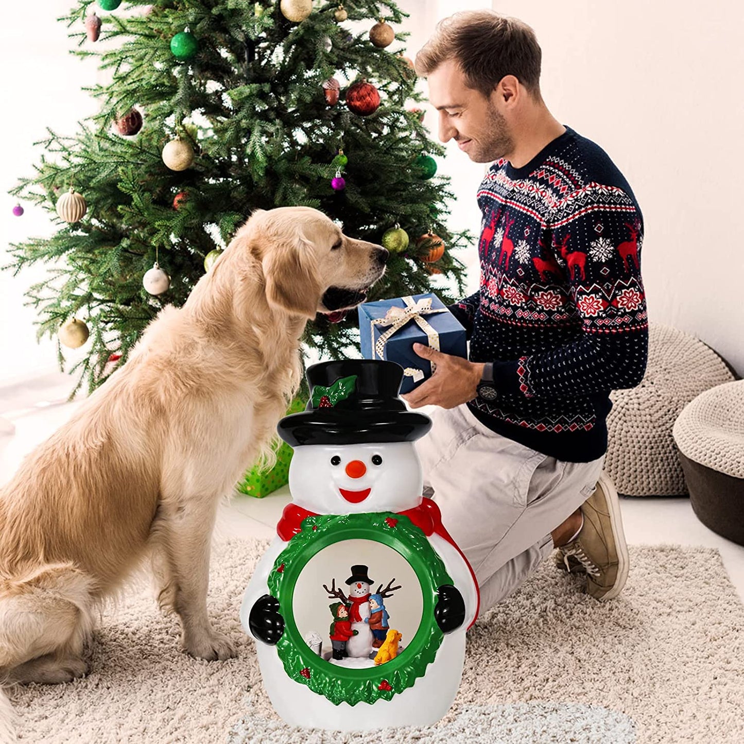 Christmas Snowman Night Light for Kids with the inside Rotating Design, USB & Battery Operated Snowman Table Lamp with Music for Table Bedroom Holiday Celebration Christmas Decoration
