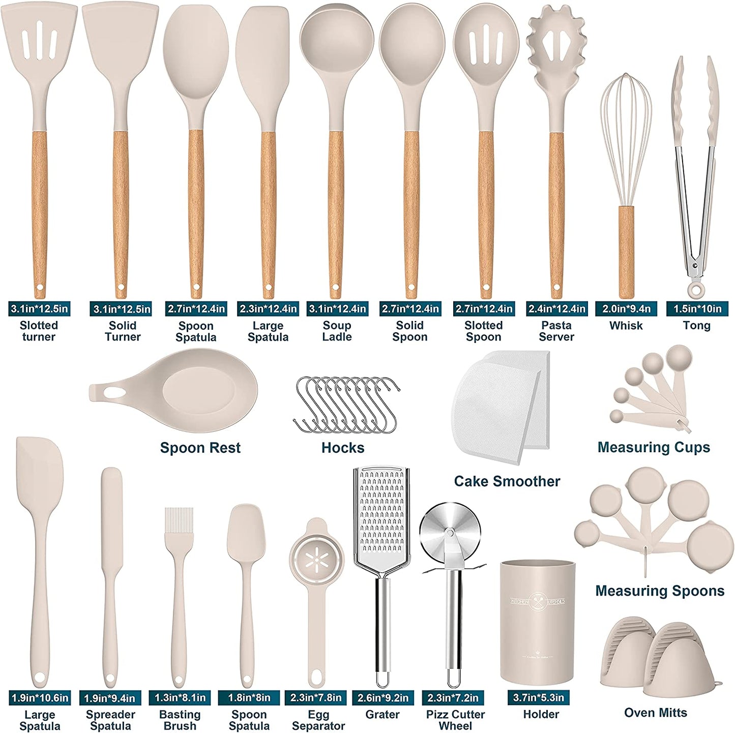 Silicone Cooking Utensils Set, 43Pcs Non-Stick Heat Resistant Kitchen Utensils Spatula Set with Wooden Handle for Baking, Cooking, and Mixing, Best Kitchen Gadgets Tools with Holder (Khaki)