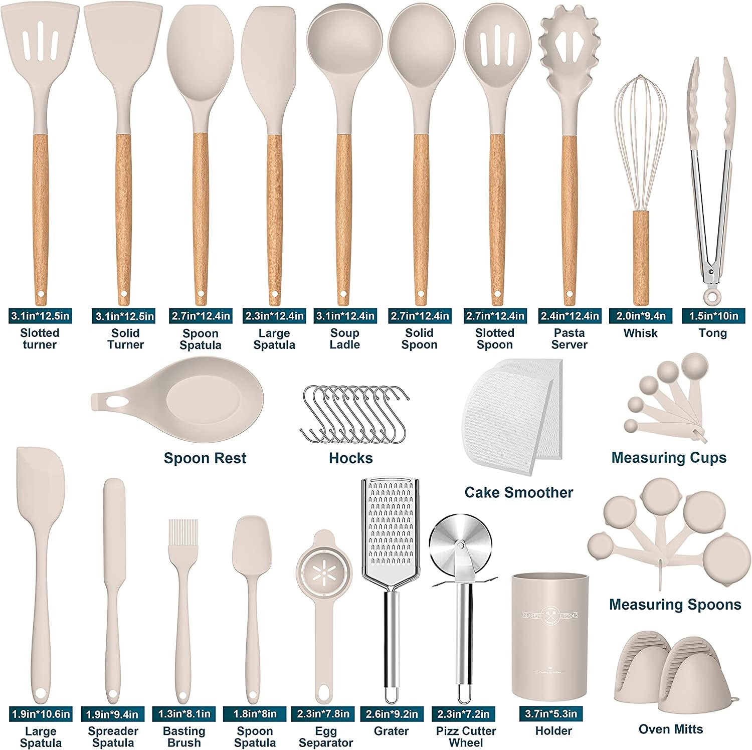 Silicone Cooking Utensils Set, 43Pcs Non-Stick Heat Resistant Kitchen Utensils Spatula Set with Wooden Handle for Baking, Cooking, and Mixing, Best Kitchen Gadgets Tools with Holder (Khaki)