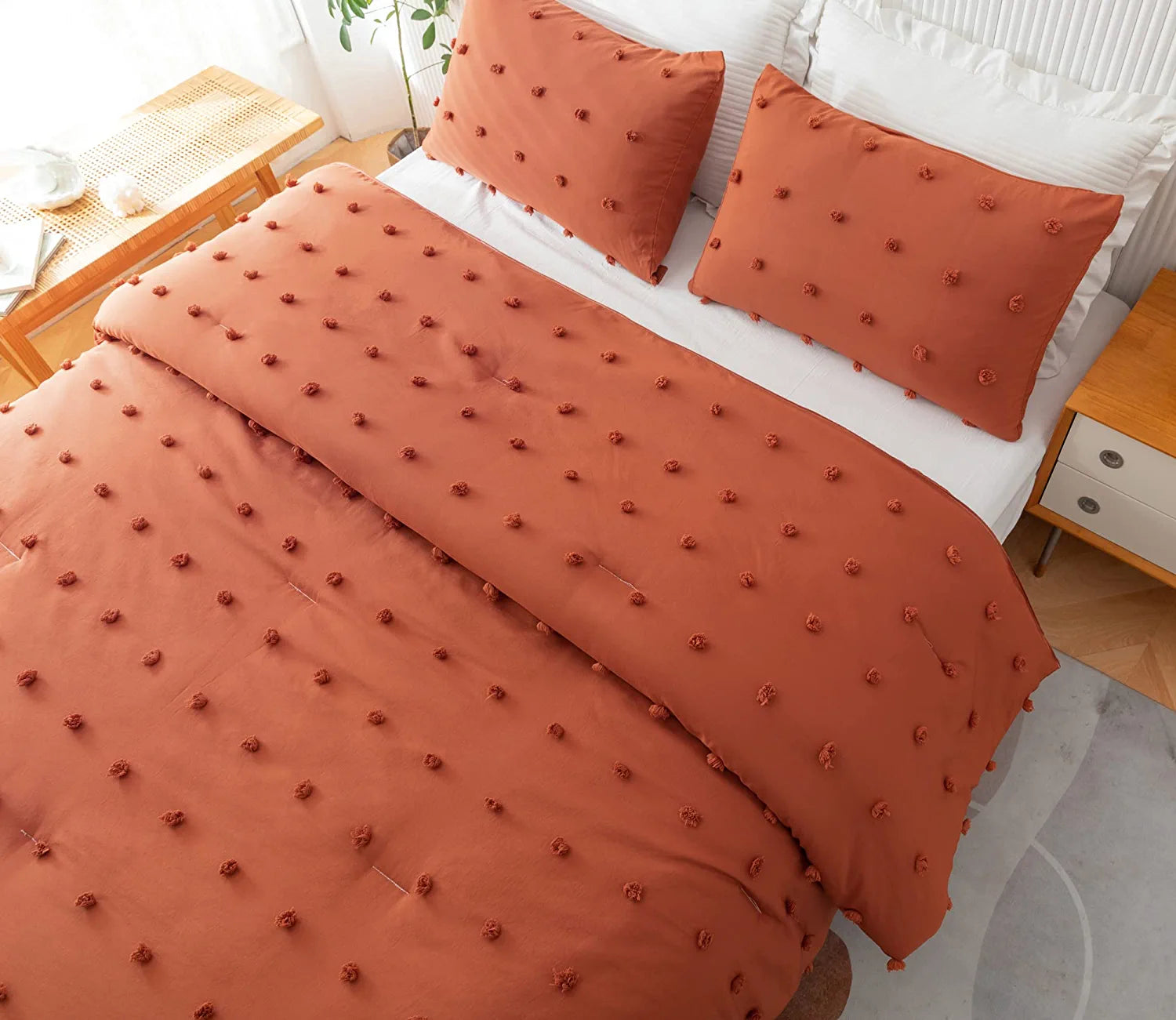 Terracotta Comforter Queen Comforter Set Burnt Orange Comforter Boho Comforter Tufted Pom Pom Ultra Soft Bed Set with 2 Pillow Cases All Season