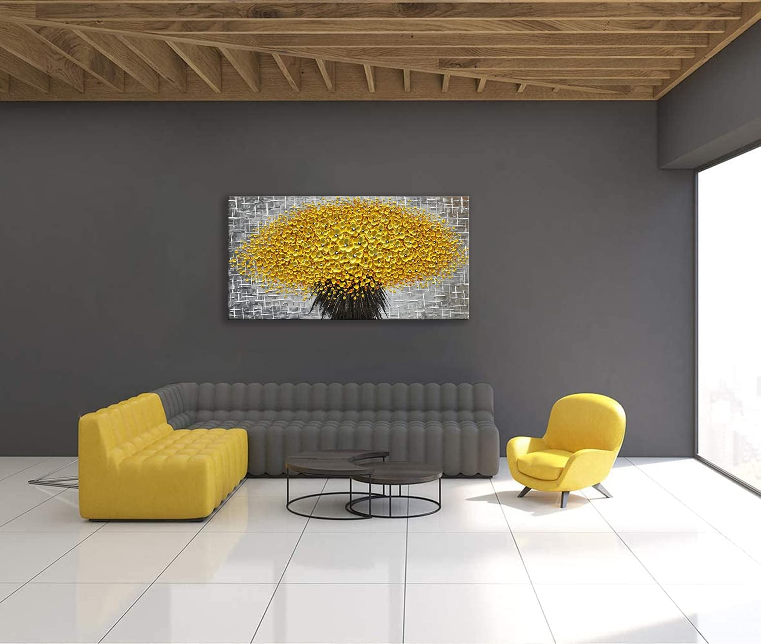 Oil Paintings 24X48", 3D Yellow Flower/Floral Paintings Canvas Wall Art Home Decorations Framed Wall Art Pictures for Dining Room Bedroom Office Kitchen Living Room Wall Decor