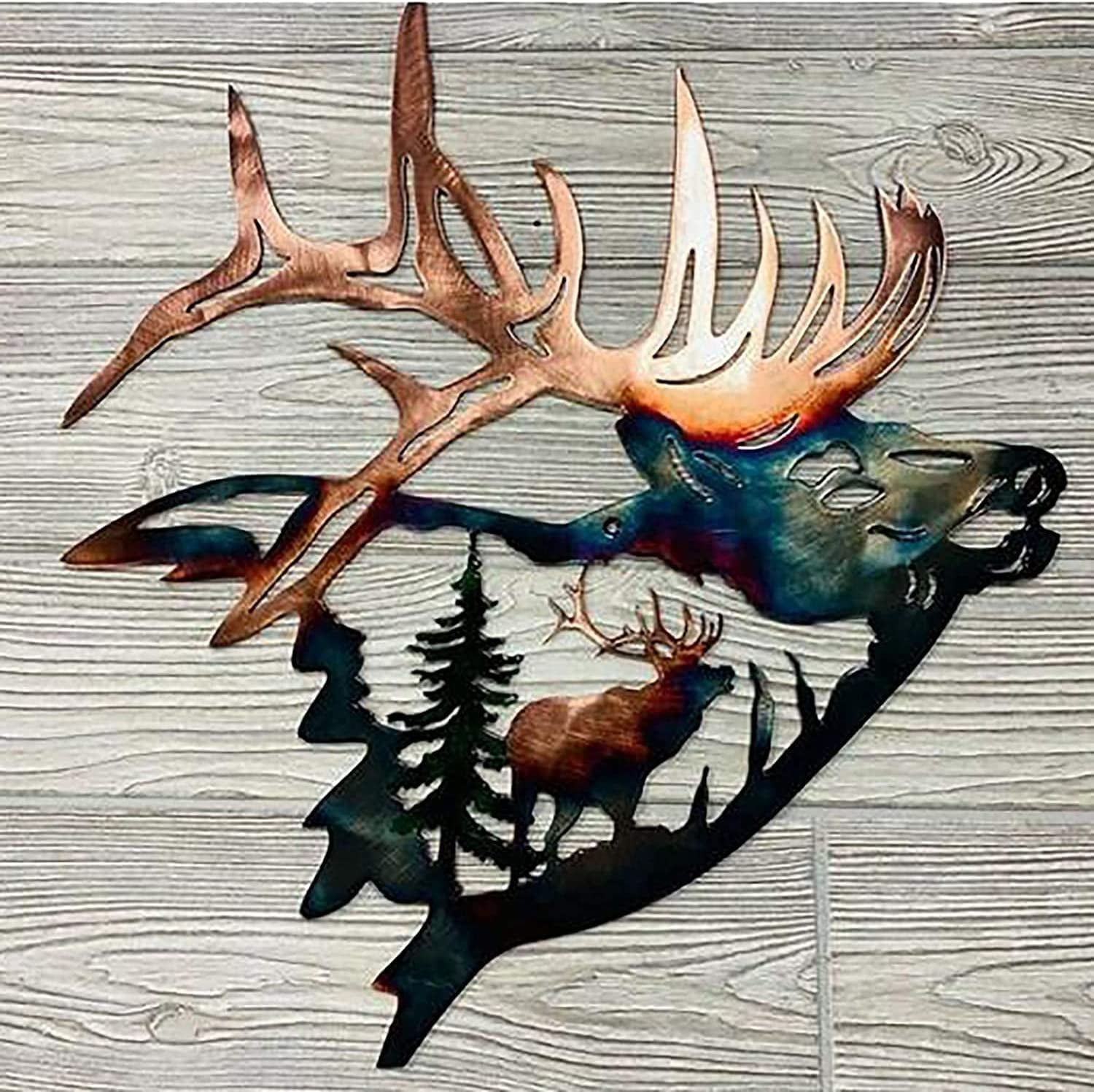 Home Collection Metal Wall Decor, Elk Deer Metal Wall Art Sculpture Silhouette Craft with Rustic Cabin Décor Finish Wall Decor Hanging for Living Room, Bedroom, Bathroom Indoor, 12.8 Inch