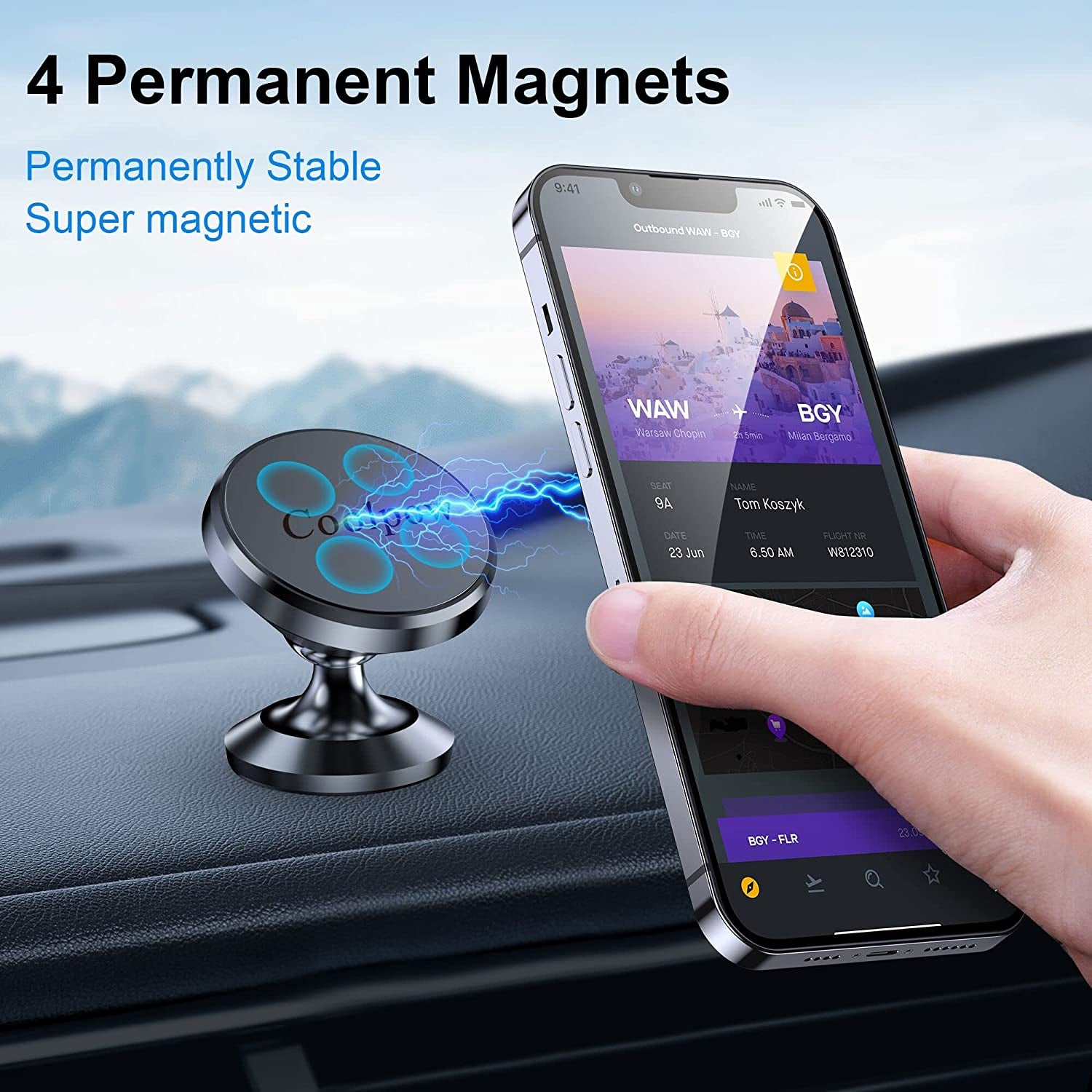【2-Pack】Magnetic Phone Holder for Car, [ Super Strong Magnet ] [ with 4 Metal Plate ] Iphone Magnetic Car Mount for Cell Phone, [ 360° Rotation ] Universal Dashboard Car Mount Fits All Smartphones