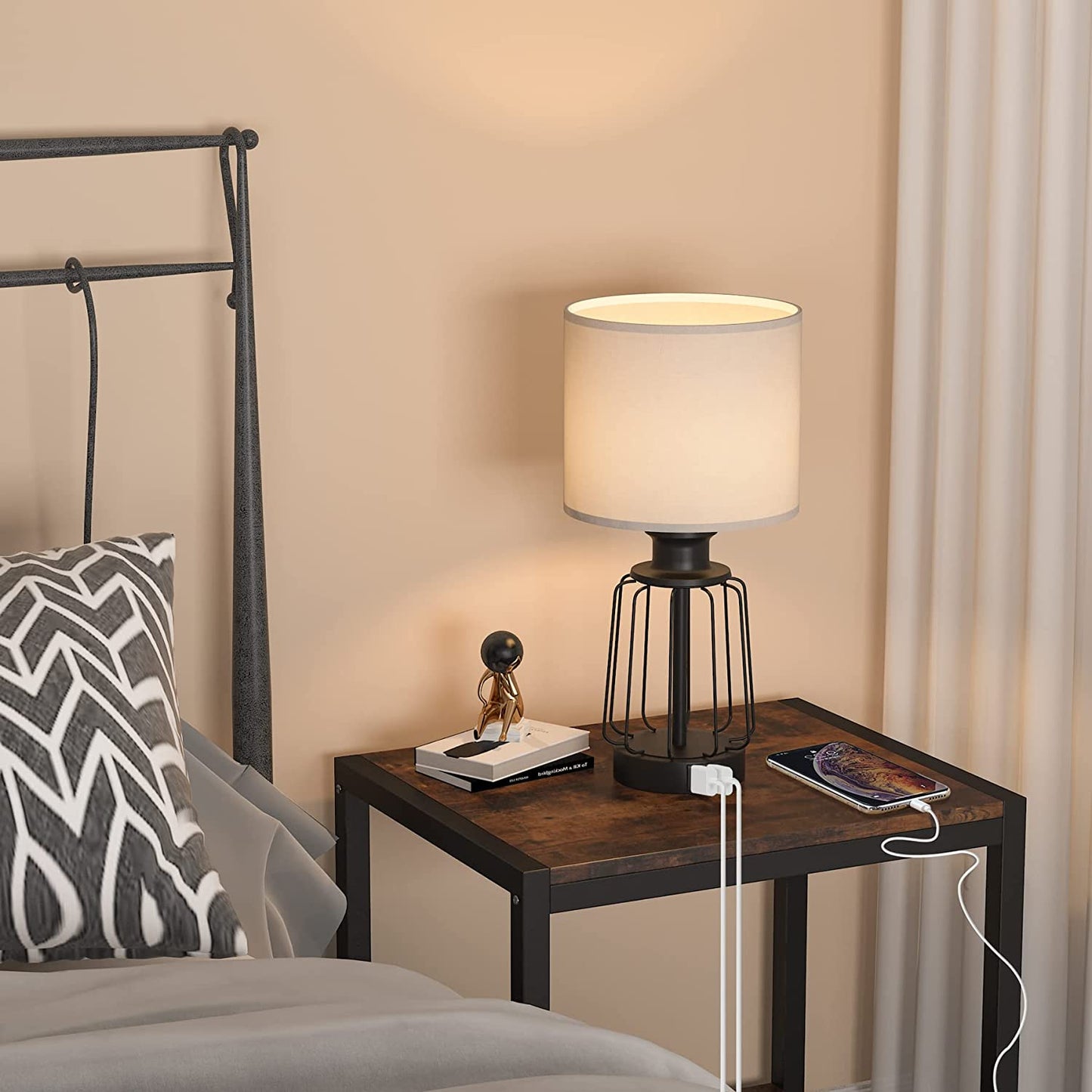 Touch Control Table Lamp Set of 2, Farmhouse Black Cage Bedside Lamps with 2 USB Ports and Outlets,3-Way Dimmable Nightstand Lamps for Reading, Bedroom, Living Room(Bulbs Included)