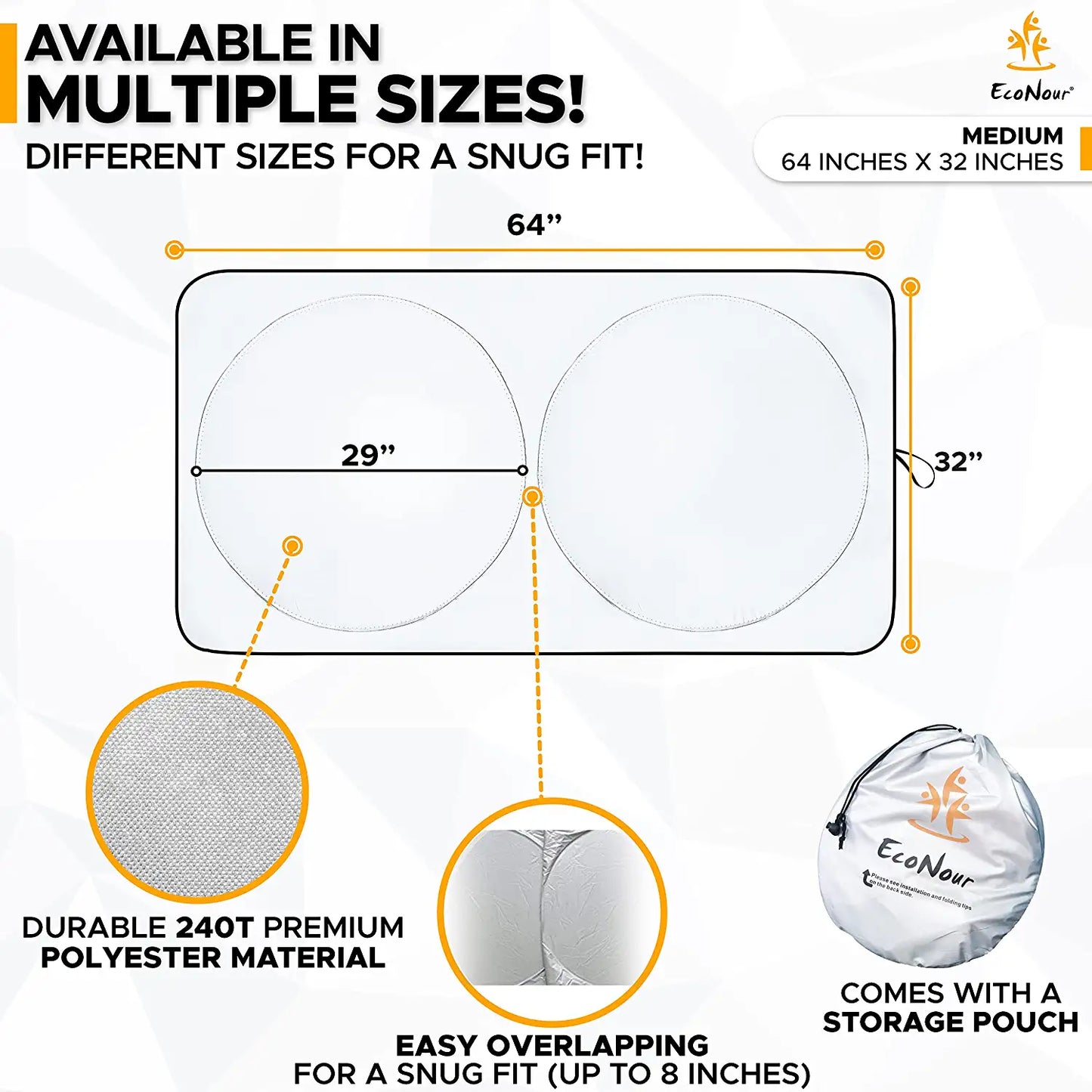 Car Windshield Sun Shade with Storage Pouch | Durable 240T Material Car Sun Visor for UV Rays and Sun Heat Protection | Car Interior Accessories for Sun Heat | Standard (64 Inches X 32 Inches)
