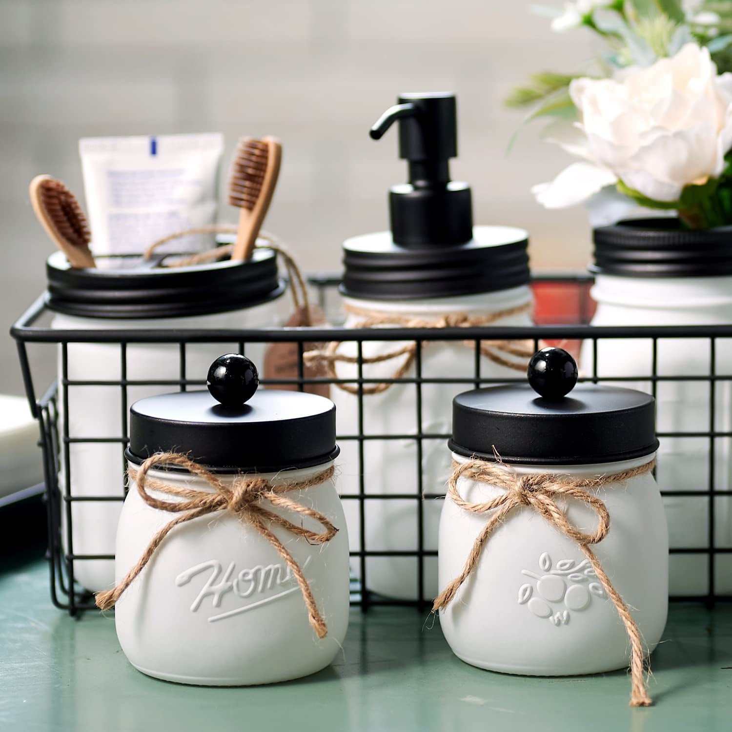 Mason Jar Bathroom Accessories Set (4 Pack)—White Retro Mason Jar Lotion Soap Dispenser & 2 Apothecary Jars & Toothbrush Holder- Rustic Farmhouse Restroom, Bathroom Decor Countertop Organizer (Black)