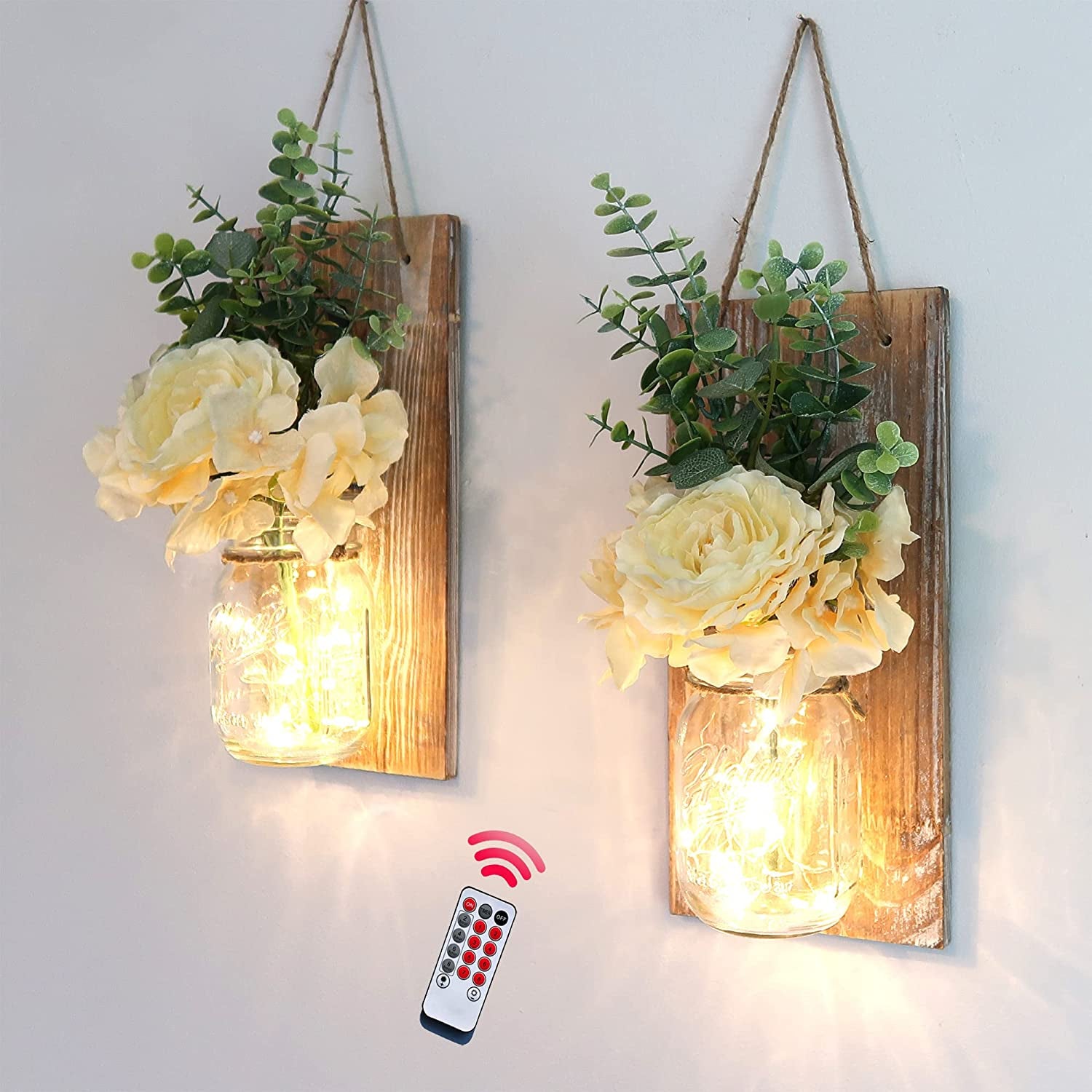 Wall Sconces Set of 2 with Remote Farmhouse Wood Wall Art Decor for Home Living Room Bedroom Decorations with Rose Bouquet Flowers and LED Fairy Lights (Large Brown)