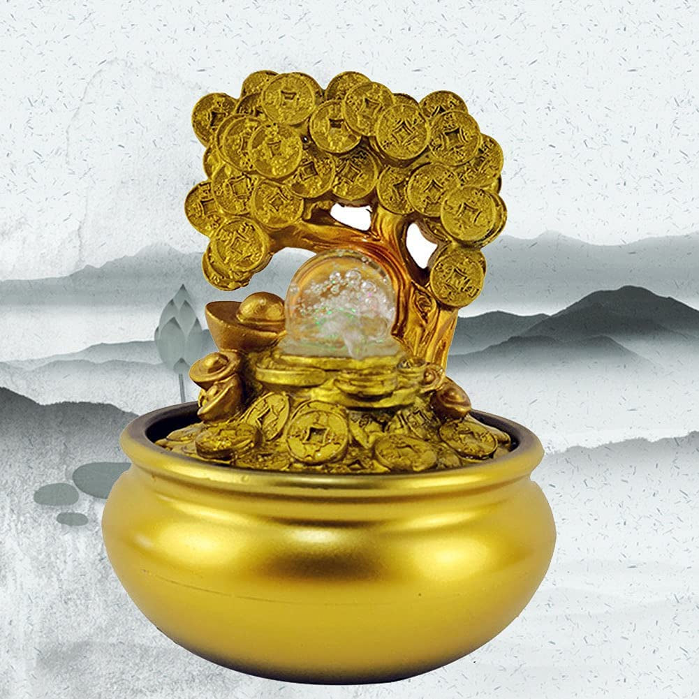 Gold Tree Desktop Fountain Waterfall Decoration with LED Light Portable Tabletop Decorative Zen Meditation Waterfall for Office Living Room Craft Gift