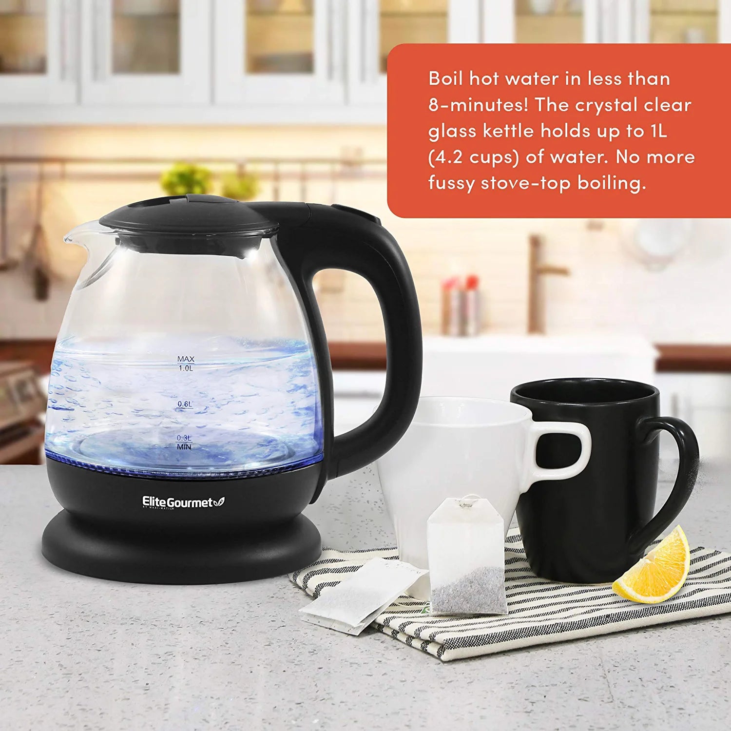 EKT1001B Electric 1.0L Bpa-Free Glass Kettle Cordless 360° Base, Stylish Blue LED Interior, Handy Auto Shut-Off Function – Quickly Boil Water for Tea & More, Graphite Black
