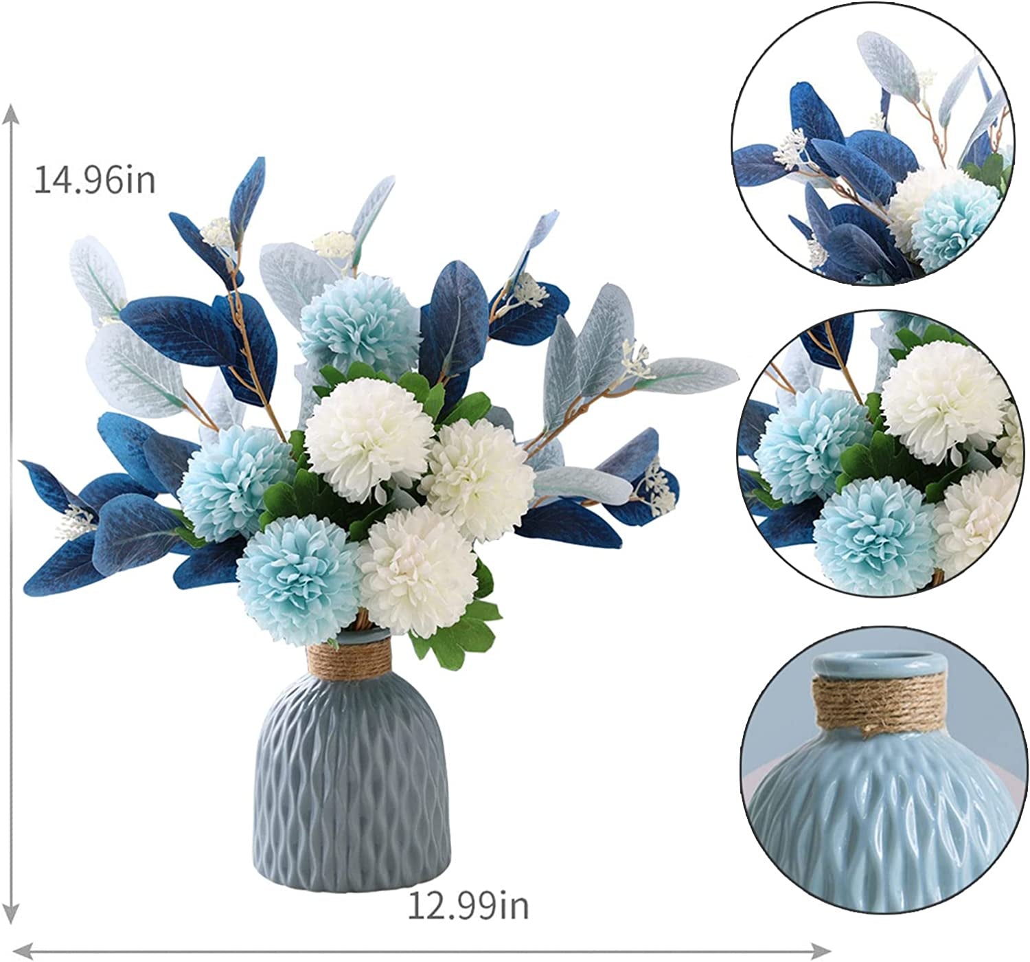 Artificial Flowers with Ceramic Vase, Blue Hydrangea Silk Flowers for Decoration, Wedding Party Home Decor