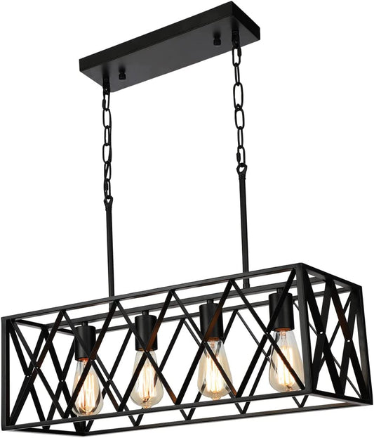 Kitchen Island Lighting Farmhouse Chandelier, 4-Lights Dining Room Light Fixtures 25.19'' Industrial Black Metal Rustic Rectangular Chandeliers for Living Room Bedroom Foyer Hallway Restaurant