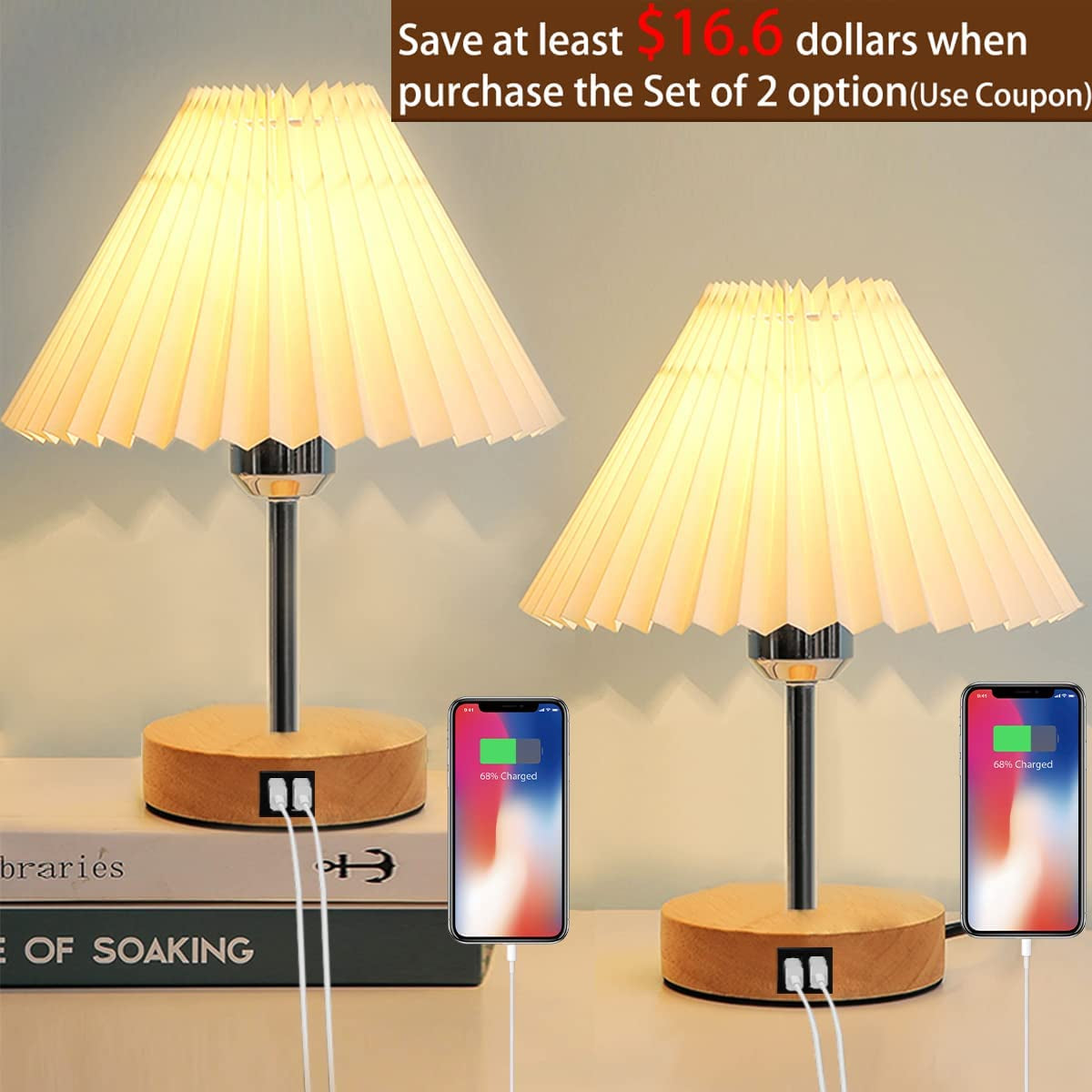 Touch Control Bedside Table Lamp with Dual USB Ports - Nordic Style LED Desk Lamp for Bedroom, 3-Way Dimmable Wooden Nightstand Lamp for Living Room, Kid'S Room, or Home Office ( Adapter Not Included)