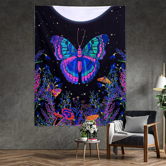 Blacklight Butterfly Tapestry, Moonlit Garden Black Light Wall Tapestry Butterflies Flower Moon Aesthetic Tapestry Wall Hanging for Bedroom (48 X 63 Inches)