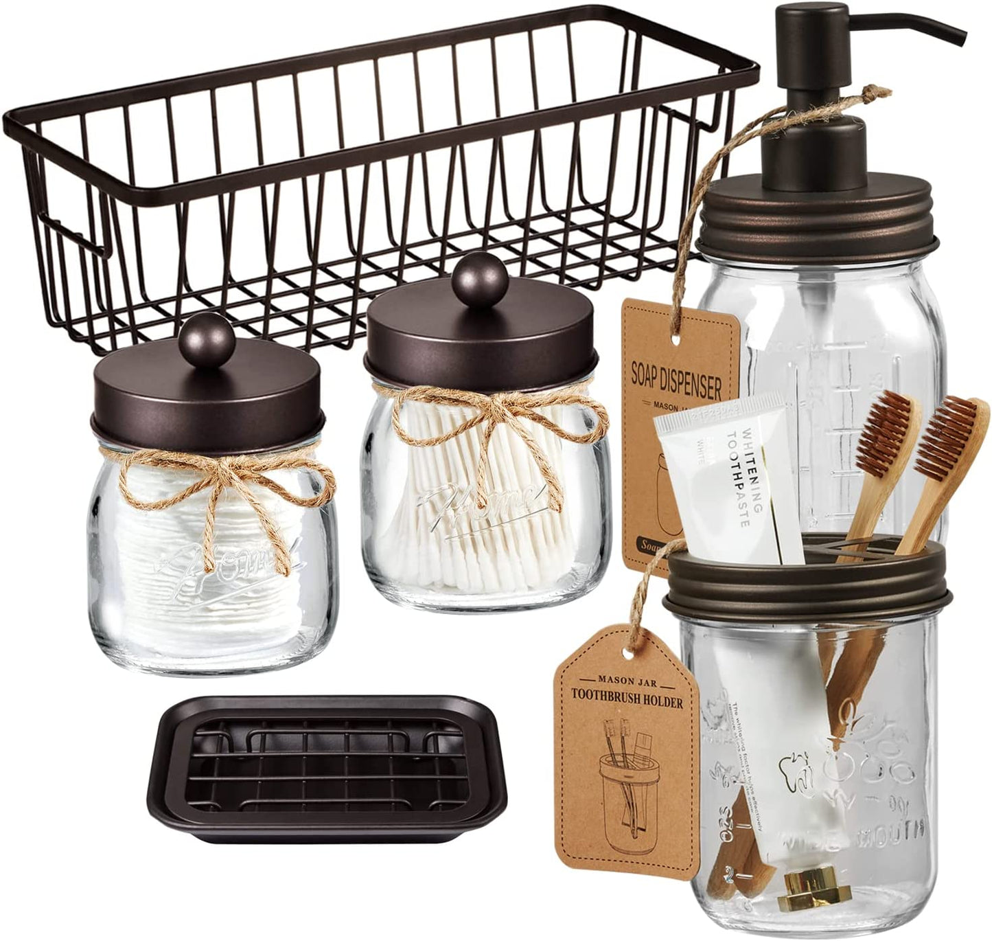 Premium Mason Jar Bathroom Accessories Set (6PCS) - Lotion Soap Dispenser,Toothbrush Holder,2 Apothecary Jars(Qtip Holder),Soap Dish,Metal Wire Storage Organizer Basket-Rustic Farmhouse Decor (Bronze)