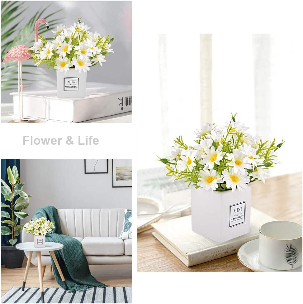 Artificial Flowers, Daisy Flower with Vase Silky Artificial Daisies Bouquet Fake Plant Bonsai for Home Office Wedding Decoration, Table Centerpieces Arrangement, Windowsill Decor