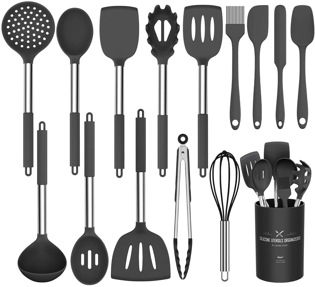 Silicone Cooking Utensil Set,  15Pcs Silicone Cooking Kitchen Utensils Set, Non-Stic - Best Kitchen Cookware with Stainless Steel Handle - Black