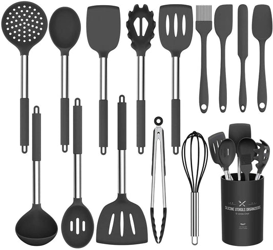 Silicone Cooking Utensil Set,  15Pcs Silicone Cooking Kitchen Utensils Set, Non-Stic - Best Kitchen Cookware with Stainless Steel Handle - Black