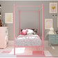 Metal Canopy Kids Platform Bed with Four Poster Design, Scrollwork Headboard and Footboard, Underbed Storage Space, No Box Sring Needed, Twin, Pink