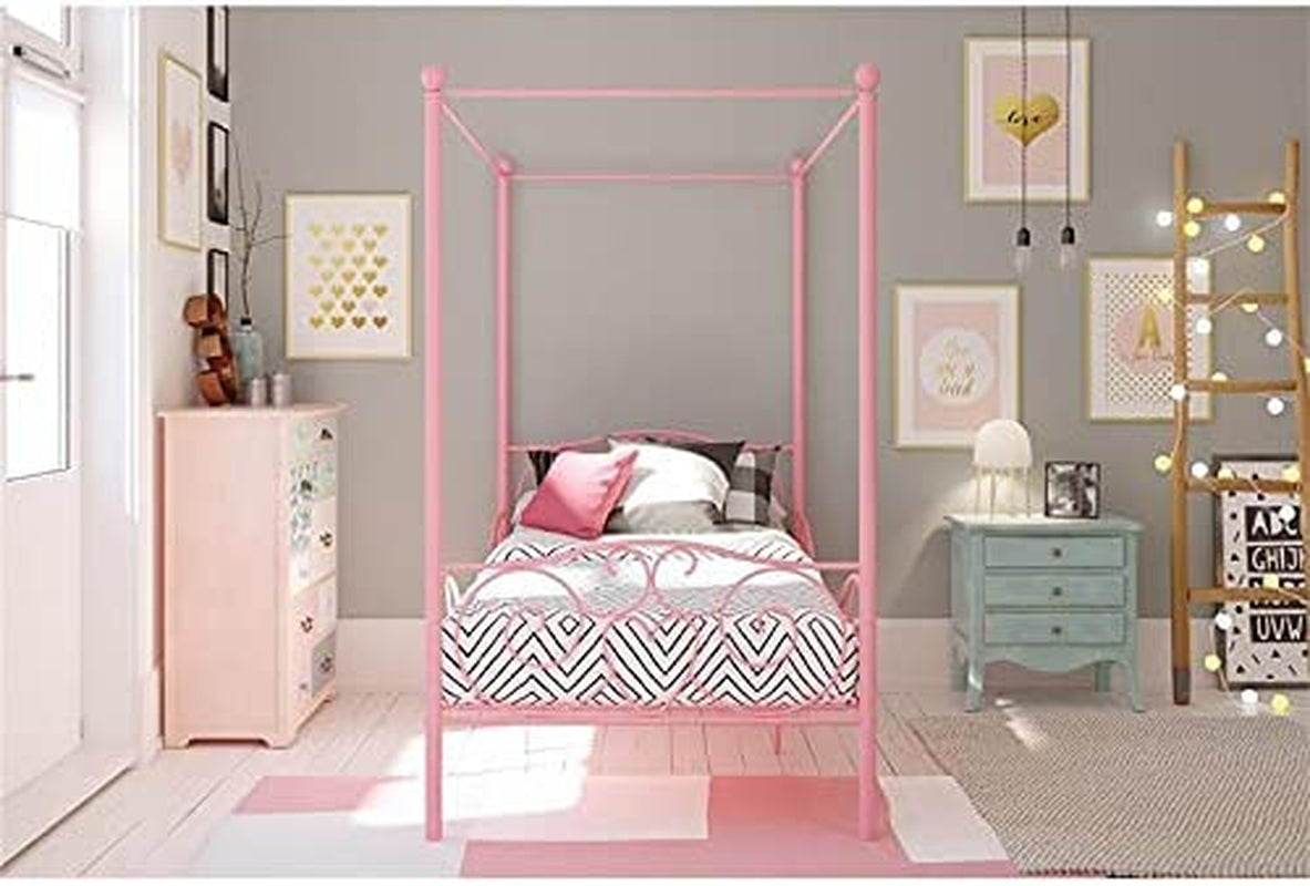 Metal Canopy Kids Platform Bed with Four Poster Design, Scrollwork Headboard and Footboard, Underbed Storage Space, No Box Sring Needed, Twin, Pink