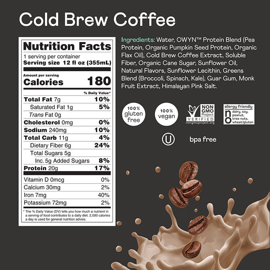 100% Vegan Plant-Based Protein Shake, Cold Brew Coffee, 12 Pack, with 20G Plant Protein, Omega-3, Prebiotic Supplements, Superfoods Greens Blend, Gluten-Free, Soy-Free, Non-Gmo