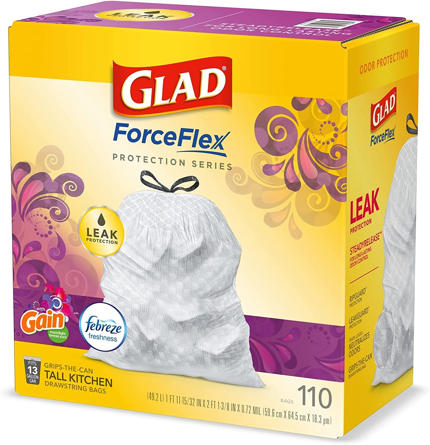 Trash & Food Storage Forceflex Protection Series Tall Trash Bags, 13 Gal, Gain Moonlight Breeze with Febreze, 110 Ct (Package May Vary)
