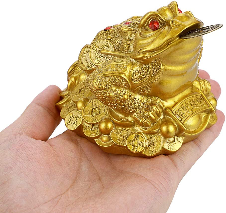 Large Money Toad Statue, Feng Shui Three Legged Toad with Coin, Lucky Charm Wealth Frog for Cash Register, Office Desk , House Warming, Store Opening Gift (Gold)
