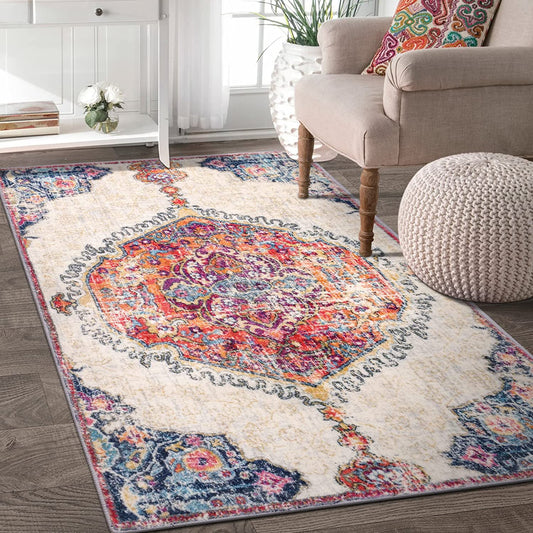 Vintage Bohemian Area Rug, 3X5 Washable Bedroom Rug Non-Slip, Distressed Oriental Persian Throw Rug Floor Carpet for Living Dining Room Entryway Bathroom Kitchen (Cream/Orange/Navy, 3X5Ft)