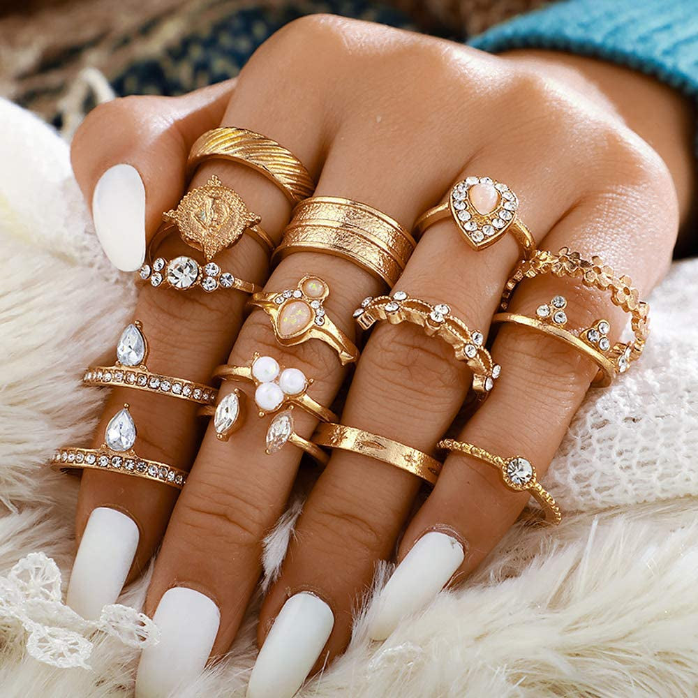 59 Pcs Vintage Knuckle Rings Set Stackable Finger Rings Midi Rings for Women Bohemian Hollow Carved Flowers Gold&Silver Rings Crystal Joint Rings (1:59 PCS Gold)