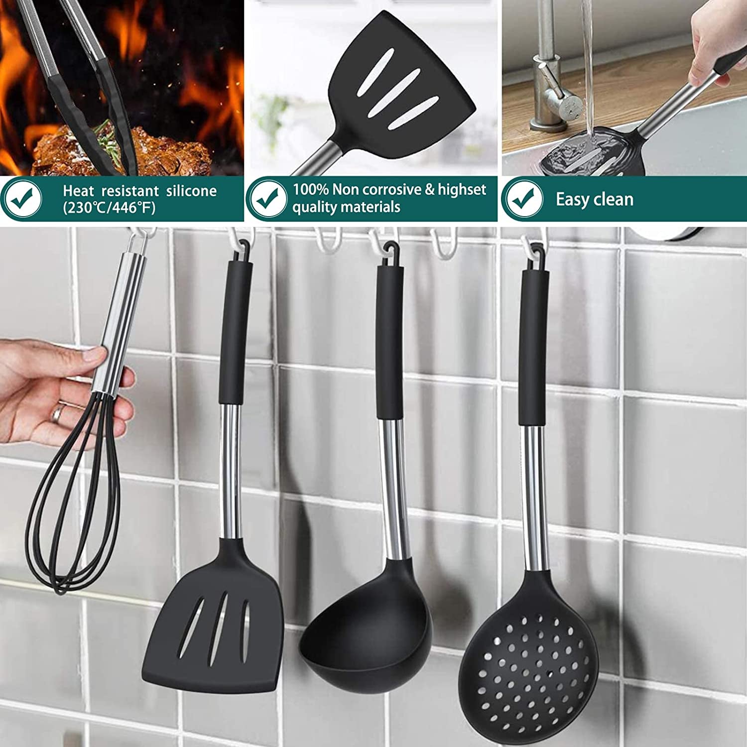 Silicone Cooking Utensil Set,  15Pcs Silicone Cooking Kitchen Utensils Set, Non-Stic - Best Kitchen Cookware with Stainless Steel Handle - Black