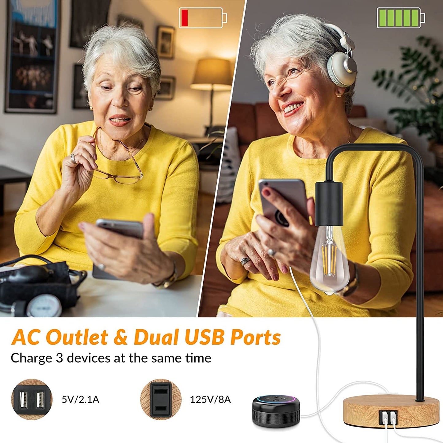 Set of 2 Touch Control 3-Way Dimmable Industrial Table Lamp with 2 USB Charging Ports & AC Outlet Metal Bedside Nightstand Desk Lamp for Bedroom Living Room, Vintage ST64 E26 Edison LED Bulbs Included