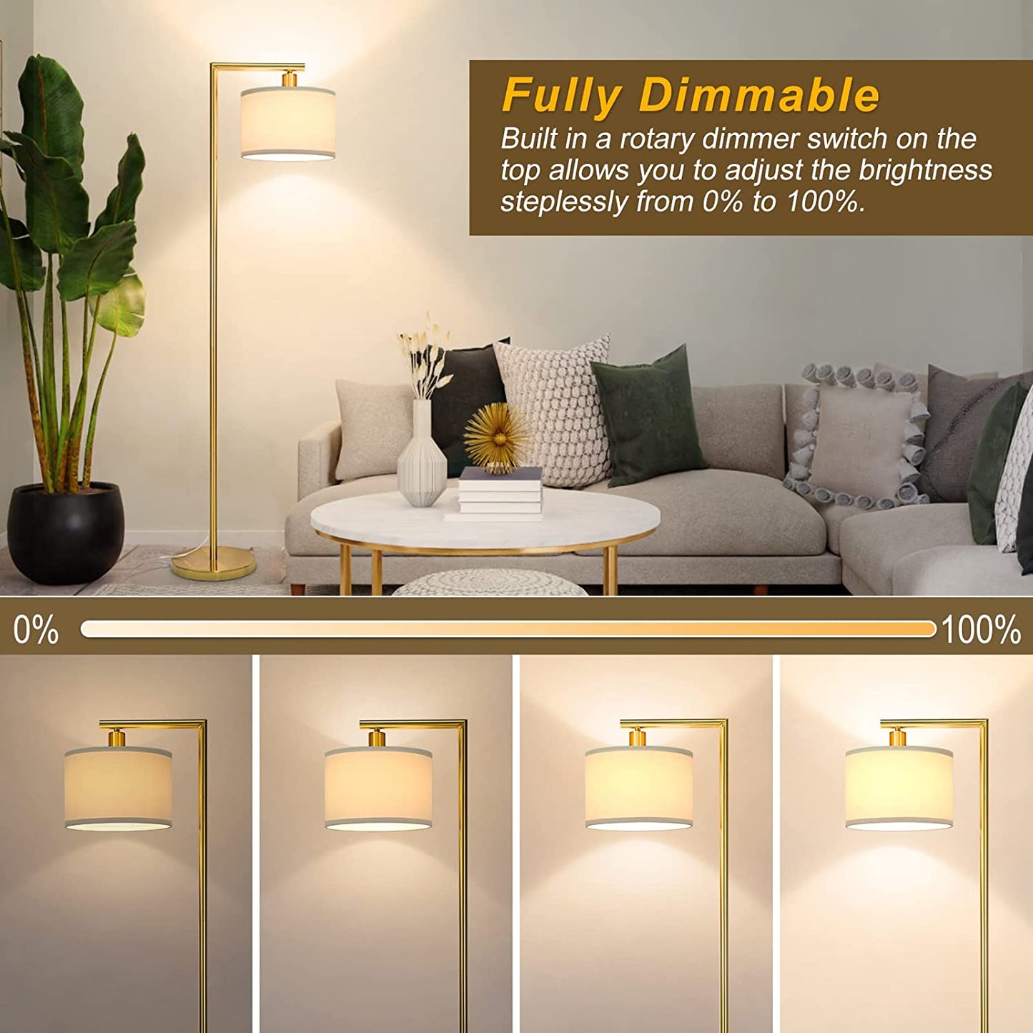 Gold Floor Lamp, Standing Lamp for Living Room Bedroom, Dimmable Floor Lamp, Tall Floor Lamp with Dimmer, Modern Arc Reading Light with Hanging Shade, Two Switches Design, Led Bulb Included