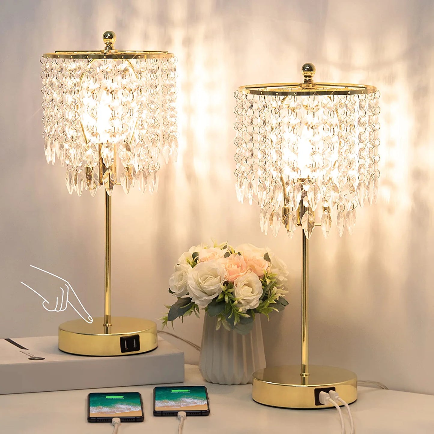 Crystal Table Lamp Set of 2, 3-Way Dimmable Nightstand Lamp with 2 USB Charging Ports, Gold Bedside Lamp for Bedroom, Touch Small Lamp with Elegant Shade for Living Room, B11 LED Bulb Included