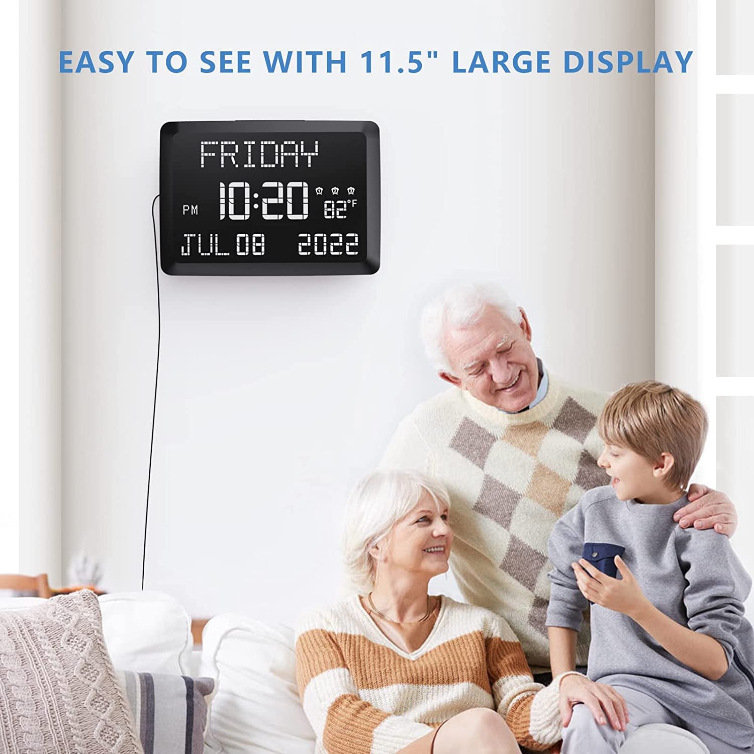 Digital Clock, 11.5" Large LED Word Display Dimmable Digital Wall Clock,Adjustable Brightness Digital Alarm Clock with Day and Date,Indoor Temperature,Snooze,12/24H,Dst for Home, Office,Elderly
