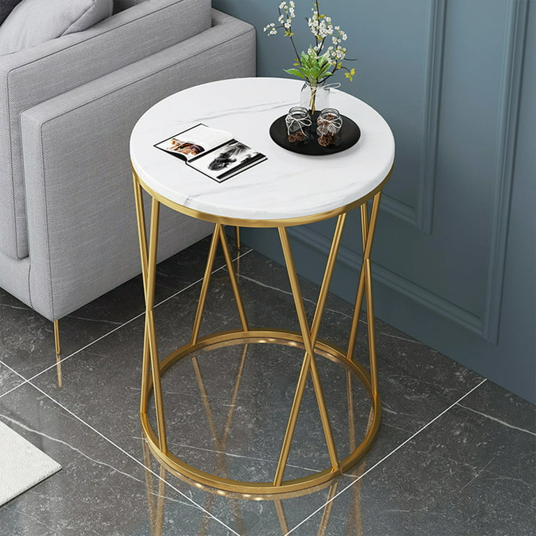Faux Marble Side Table X-Shape Round End Table Modern Small Accent Home Decor for Living Room Black/White