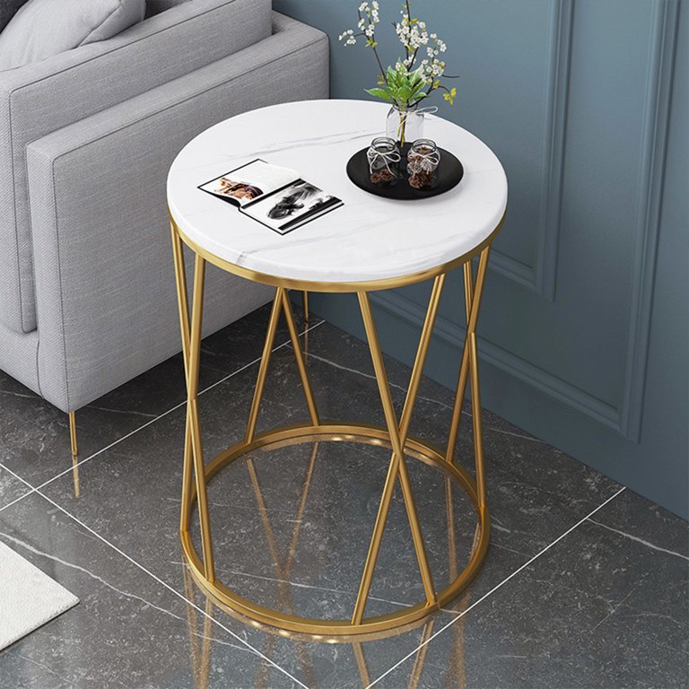 Faux Marble Side Table X-Shape Round End Table Modern Small Accent Home Decor for Living Room Black/White
