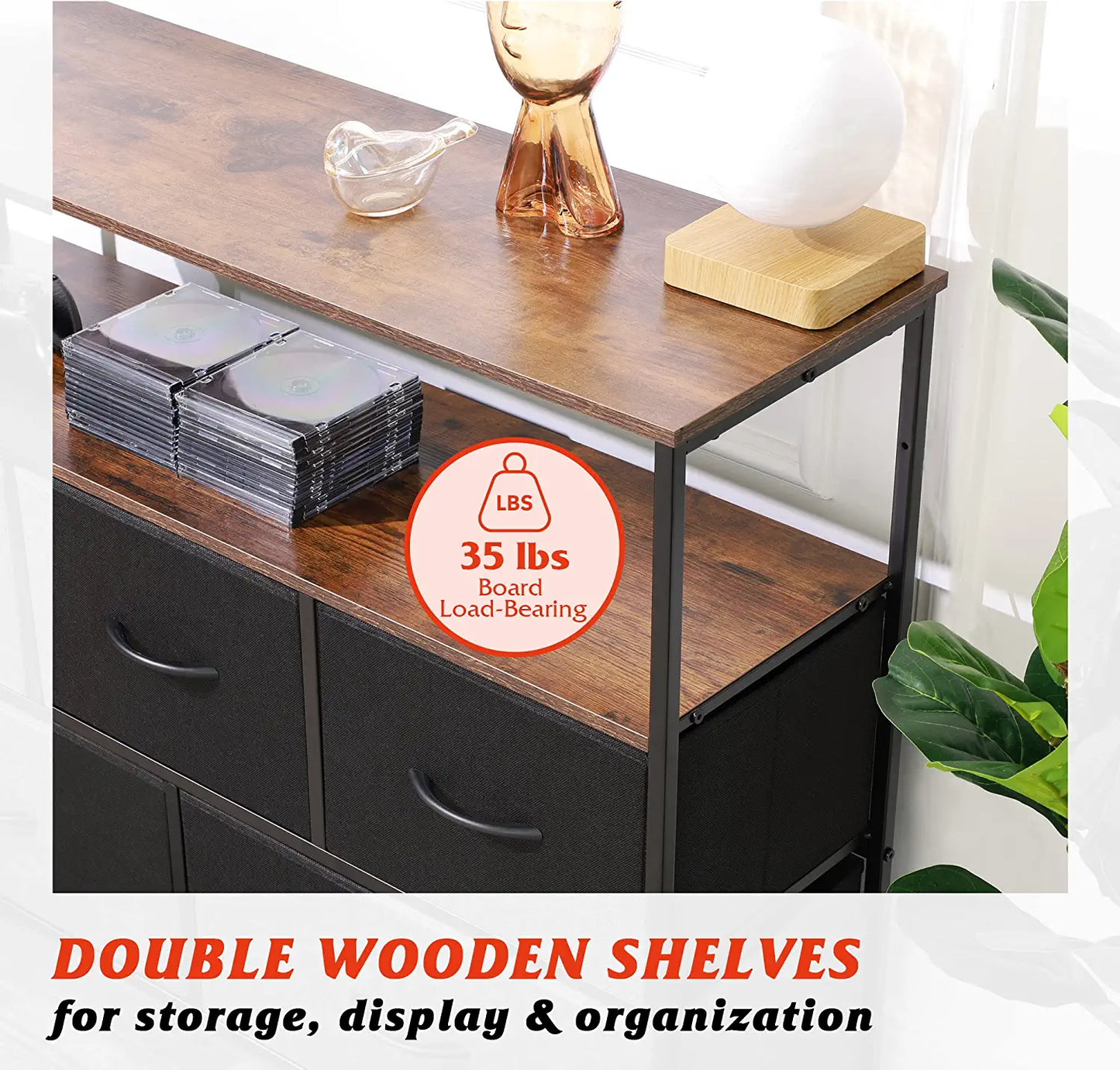 Dresser TV Stand, Entertainment Center with Fabric Drawers, Media Console Table with Open Shelves for TV up to 45 Inch, Storage Drawer Unit for Bedroom, Living Room, Black and Rustic Brown