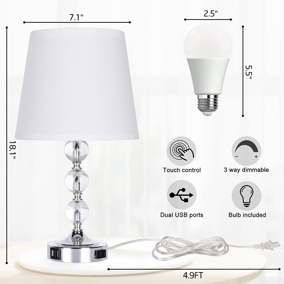 Table Lamp Set of 2, Bedside Touch Control Table Lamps for Bedroom Living Room, 3 Way Dimmable Nightstand Lamp with 2 USB Ports & AC Outlet, 2700K 9W Bulbs Included(Silver).