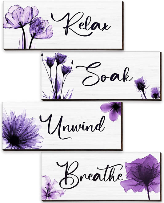 4 Pcs Elegant Bathroom Wall Decor Sign Tulip Relax Soak Unwind Breathe Wall Art Farmhouse Rustic Wood Plaque Vintage Wooden Printed Sign Hanging Bathroom Spa Decor (Purple, 10 X 4 Inch)