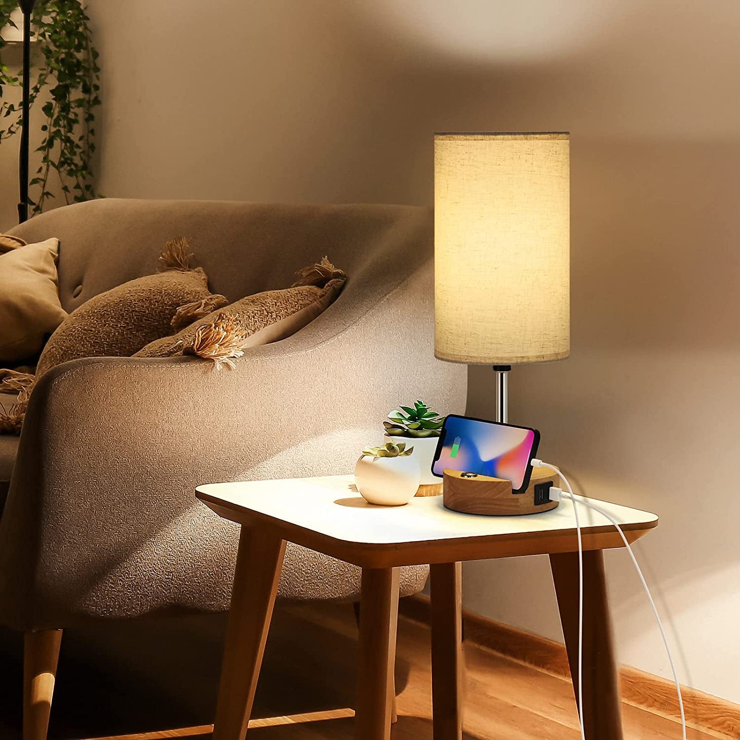 Bedside Lamps Set of 2 with USB Ports and AC Outlet, Wood Small Table Lamps with Phone Holder and E26 Bulbs, 3 Way Dimmable Nightstand Lamps for Bedroom Living Room Reading (Light Brown, Beige)