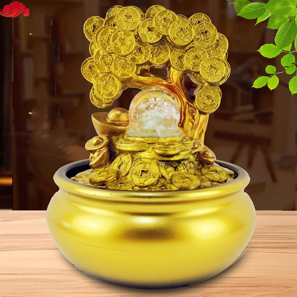 Gold Tree Desktop Fountain Waterfall Decoration with LED Light Portable Tabletop Decorative Zen Meditation Waterfall for Office Living Room Craft Gift