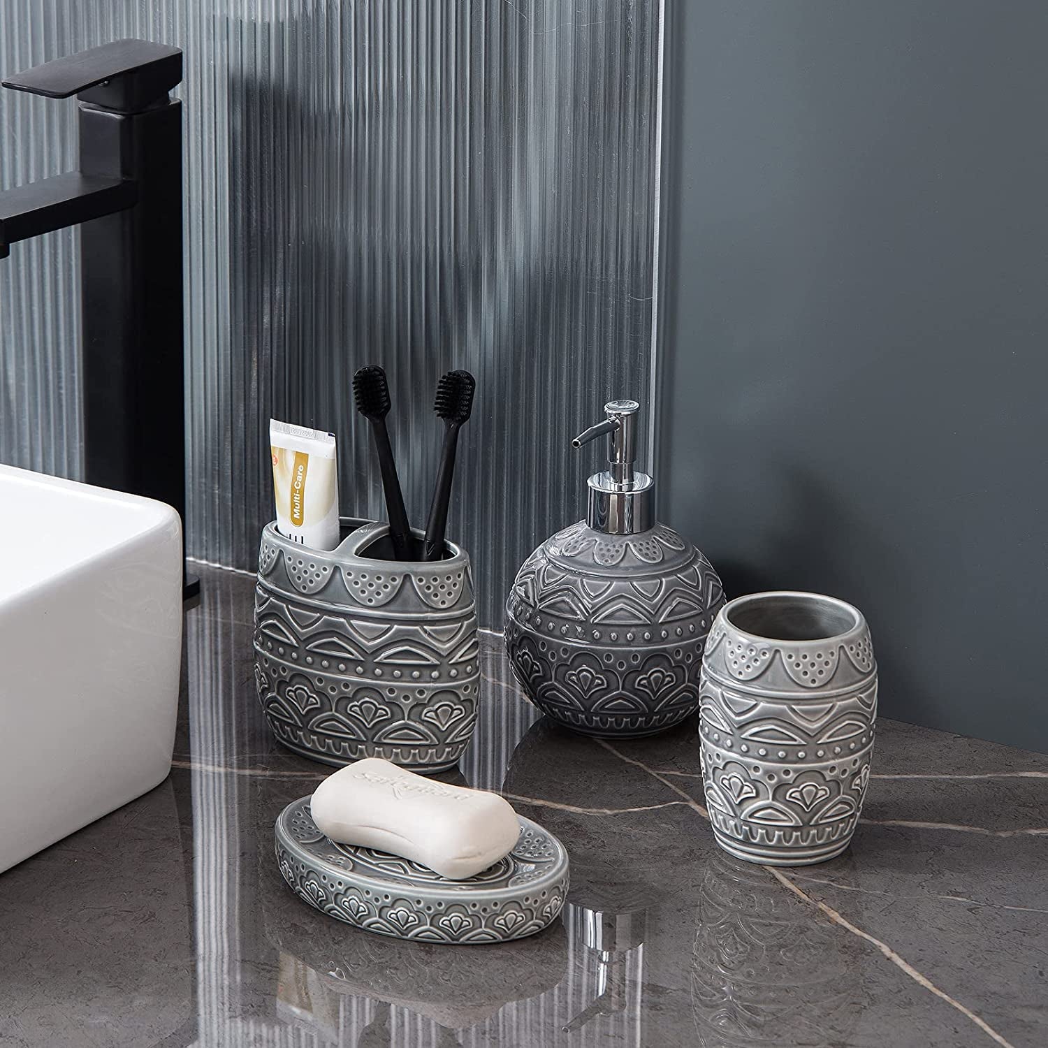 Bathroom Accessory Set, Bath Accessories Set 4-Piece Ceramic Embossed Bath Countertop Set with Soap Dish, Soap & Lotion Dispenser, Cup, Divided Toothbrush Holder ,Grey