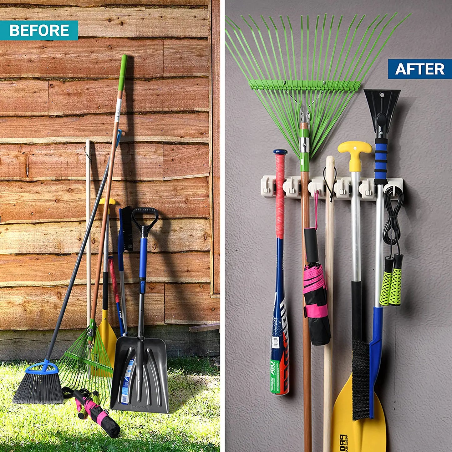 It Mop and Broom Holder, 5 Position with 6 Hooks Garage Storage Holds up to 11 Tools, Storage Solutions for Broom Holders, Garage Storage Systems Broom Organizer for Garage Shelving Ideas