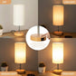 Bedside Lamp with USB Port - Touch Control Table Lamp for Bedroom Wood 3 Way Dimmable Nightstand Lamp with round Flaxen Fabric Shade for Living Room, Dorm, Home Office (LED Bulb Included)