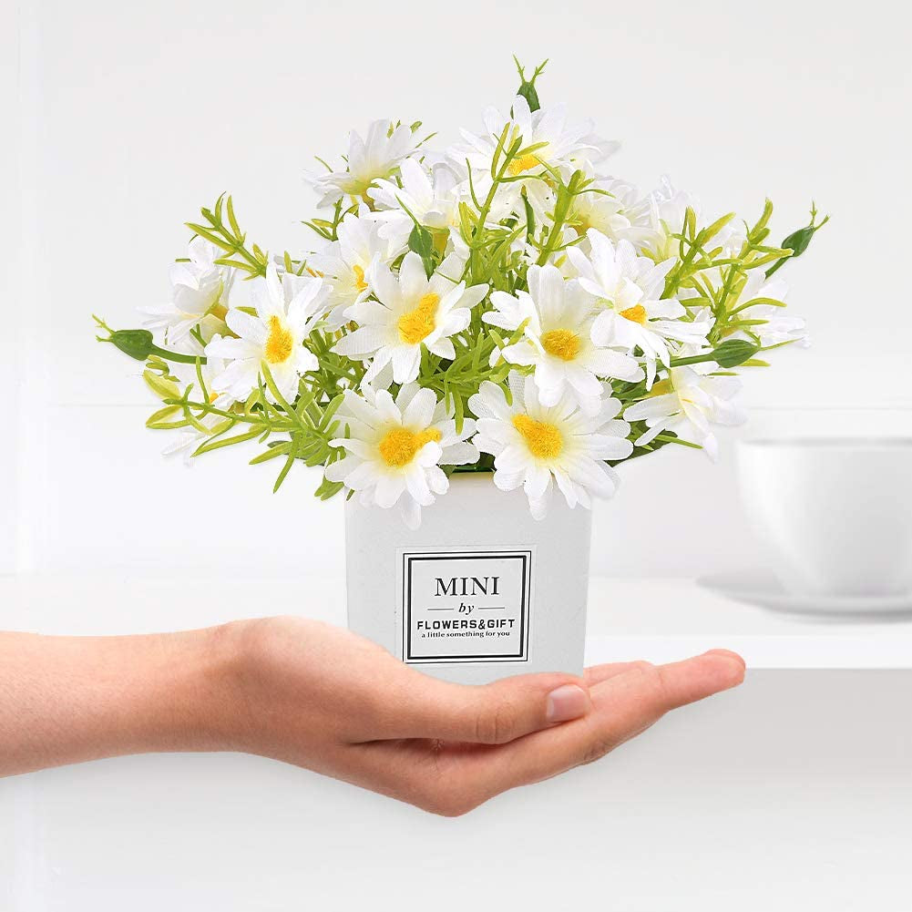 Artificial Flowers, Daisy Flower with Vase Silky Artificial Daisies Bouquet Fake Plant Bonsai for Home Office Wedding Decoration, Table Centerpieces Arrangement, Windowsill Decor