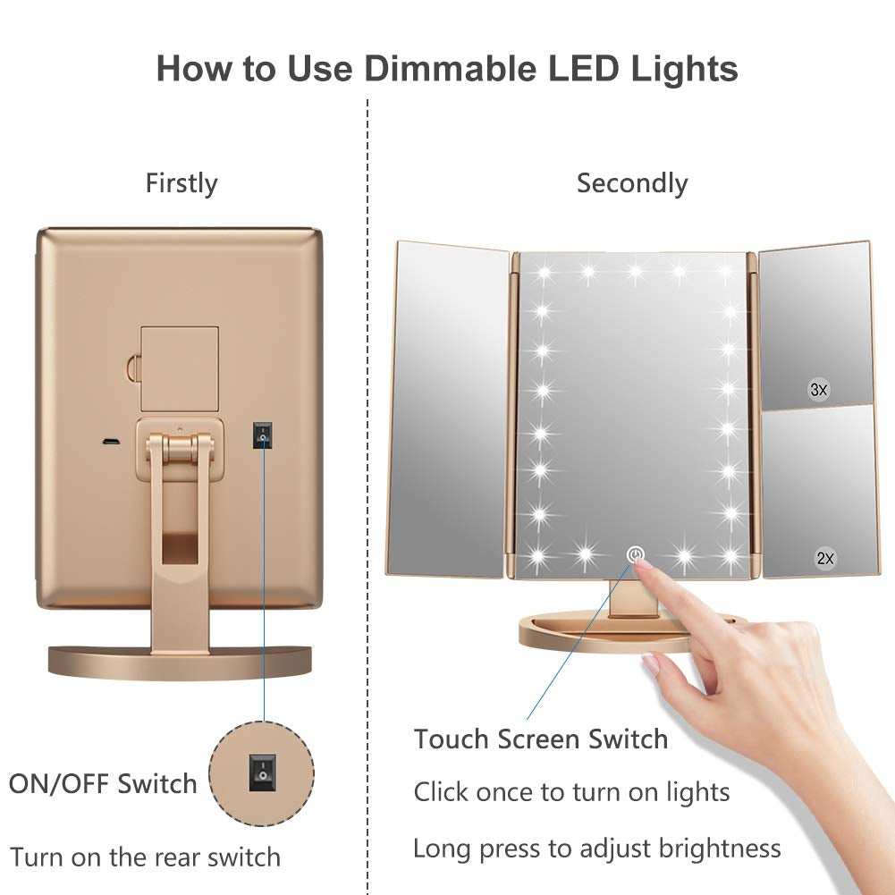 Makeup Mirror with 21 LED Lights,Two Power Supply, Touch Screen and 1X/2X/3X Magnification Tri-Fold Vanity Mirror , Gift for Women(Gold)