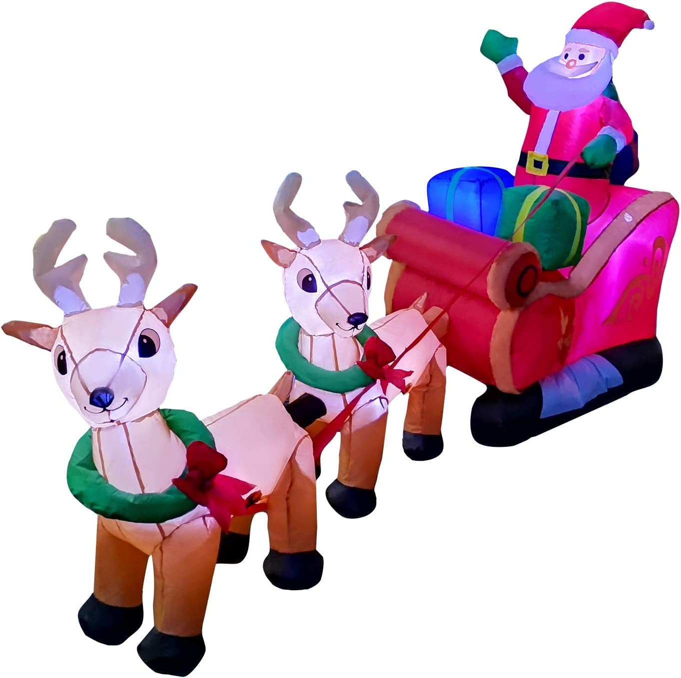 8 Ft Inflatable Christmas Reindeer Pull the Sleigh Take Santa Claus Xmas Decoration for Yard Lawn Garden Home Party Indoor Outdoor