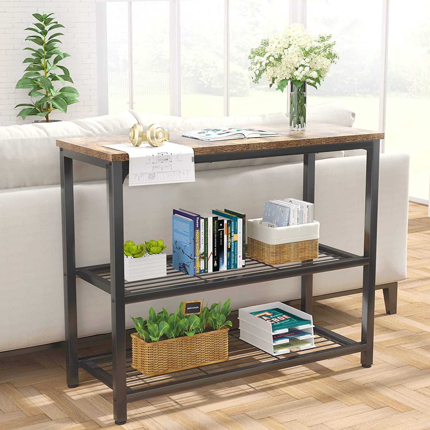 Small Console Table, Sofa Table with Double Mesh Shelves, Industrial Entryway Table for Entryway, Hallway, Foyer, Front Hall, Sofa Couch, Living Room, Bar, Kitchen, 32 Inch, Rustic